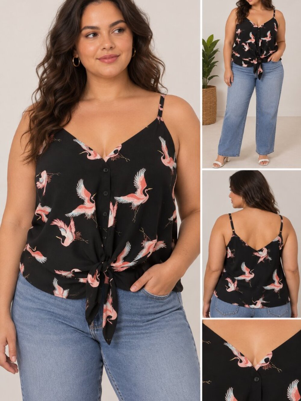 🌺 2/$30 Torrid Black Crane-Print Tie-Front Cami